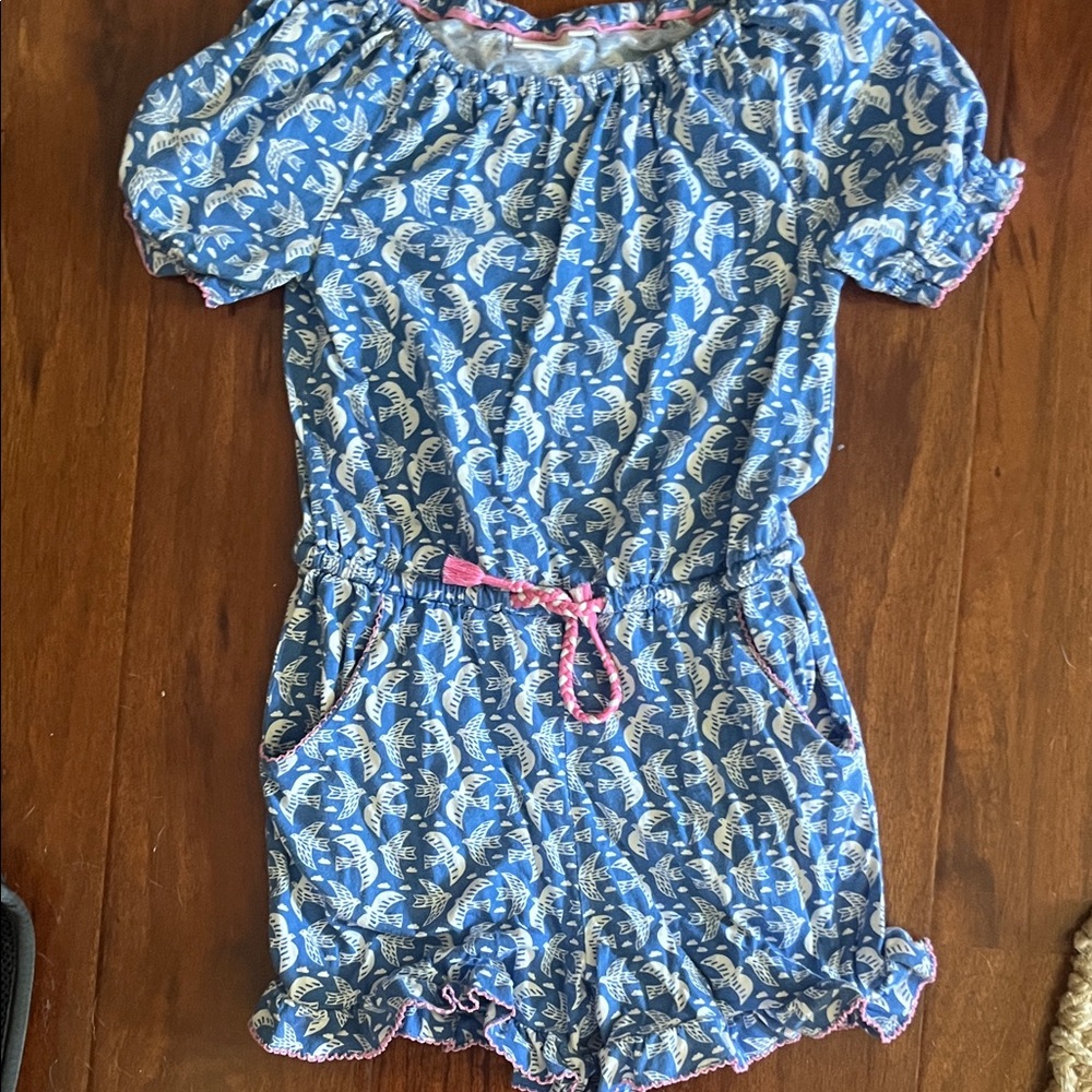 Mini Boden Blue Bird Romper with Pink Accents